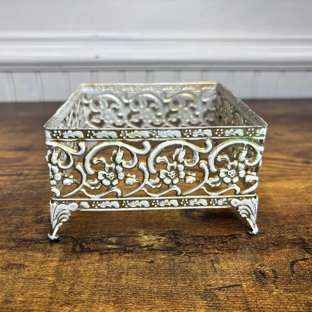 Vintage MCM Tissue Holder Square Metal Filigree Hollywood Regency Shabby Chic
